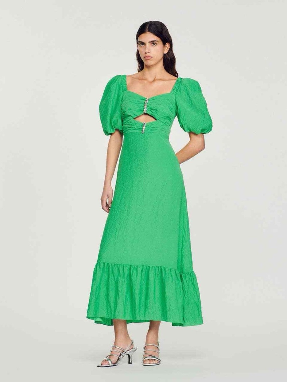 SOLD OUT Sandro Emerald Green Midi Dress with Multicolored Gem Trim